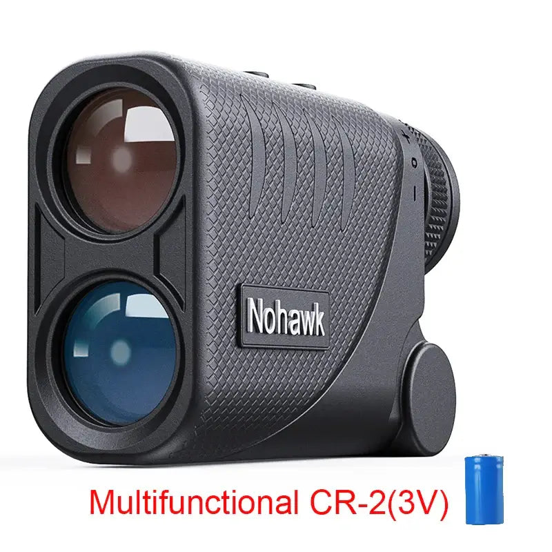 golf laser rangefinder with slope distance in black by Nohawk, showing dual lenses and battery included