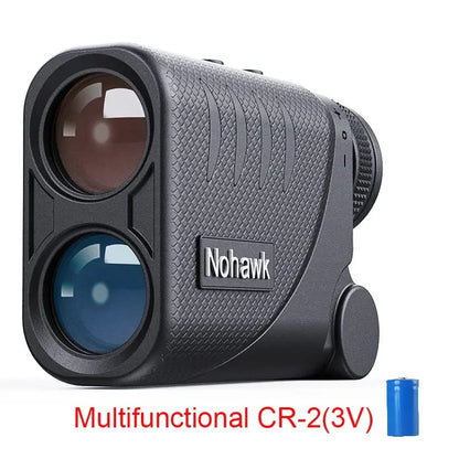 golf laser rangefinder with slope distance in black by Nohawk, showing dual lenses and battery included