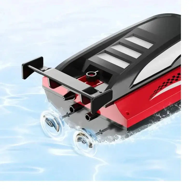 RC Battery Boat gliding through water with high-speed features and sleek design.