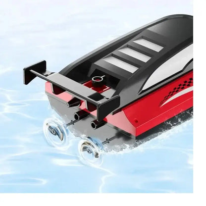 RC Battery Boat gliding through water with high-speed features and sleek design.