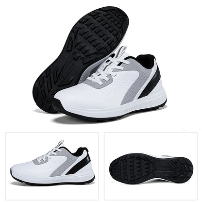 unisex waterproof golf shoes in white with black features, showcasing a lightweight and durable design for outdoor sports.