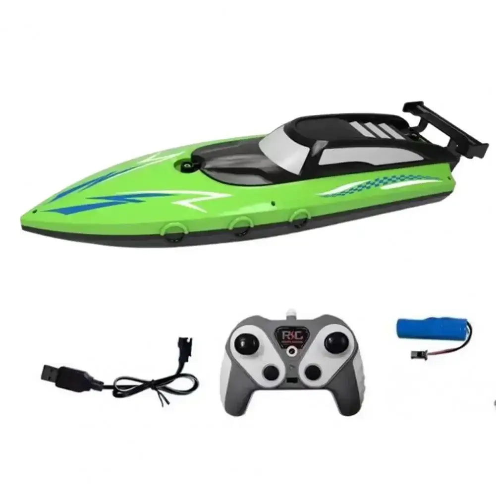 RC Boat With LED Lights in green color, includes controller, battery, and USB charger for kids.