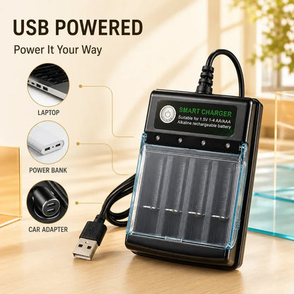 1.5V USB 4 Slots Charger with smart features for AA alkaline rechargeable batteries, powering devices via USB.