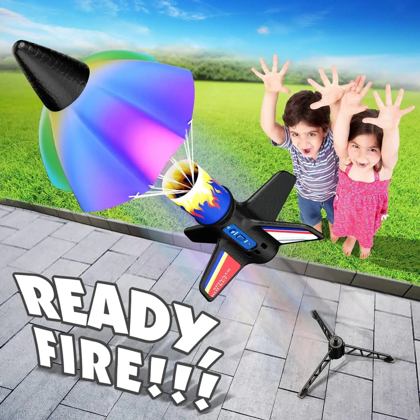  Children Rocket Launcher toy with parachute design, packaging and launcher base, promoting outdoor play and learning.