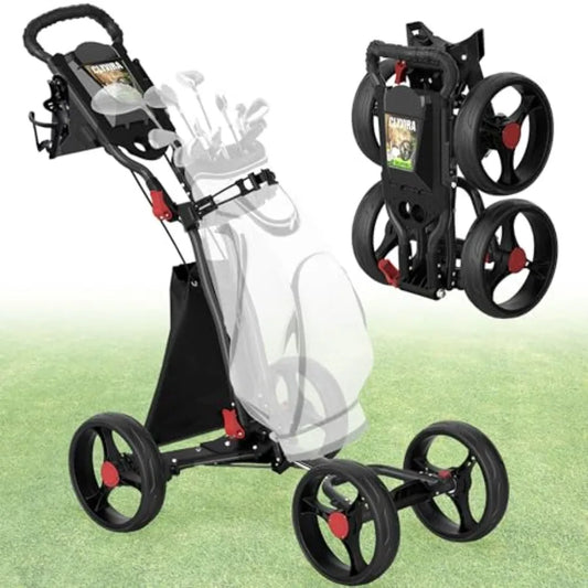 4-wheel golf push cart showcasing its lightweight design and folding feature on a golf course.