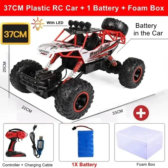 37CM Plastic RC Car Remote Control Climbing Vehicle with Battery and Foam Box for outdoor adventures.