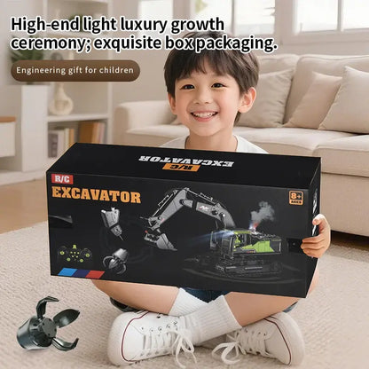 Child sitting with Remote Control Excavator Toys packaging, showcasing an engaging engineering gift for kids.
