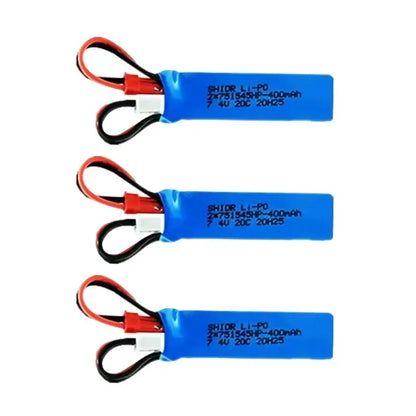 RC Car Battery 7.4V 400mAh pack with JST plug for remote control vehicles.