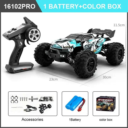 High Speed RC Car 4WD with remote controller, battery, and color box showcasing off-road design.