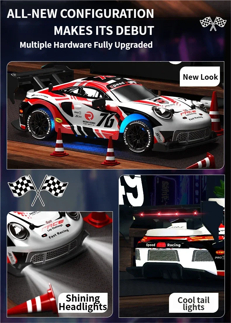 RC drift cars for kids with upgraded features, shiny headlights, and cool tail lights displayed on a racing track.