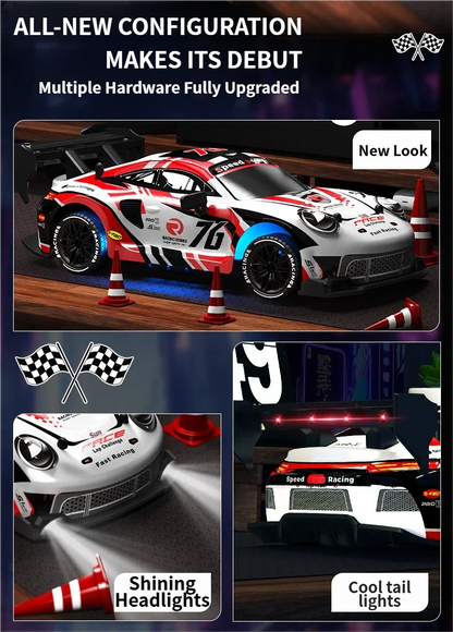 RC drift cars for kids with upgraded features, shiny headlights, and cool tail lights displayed on a racing track.