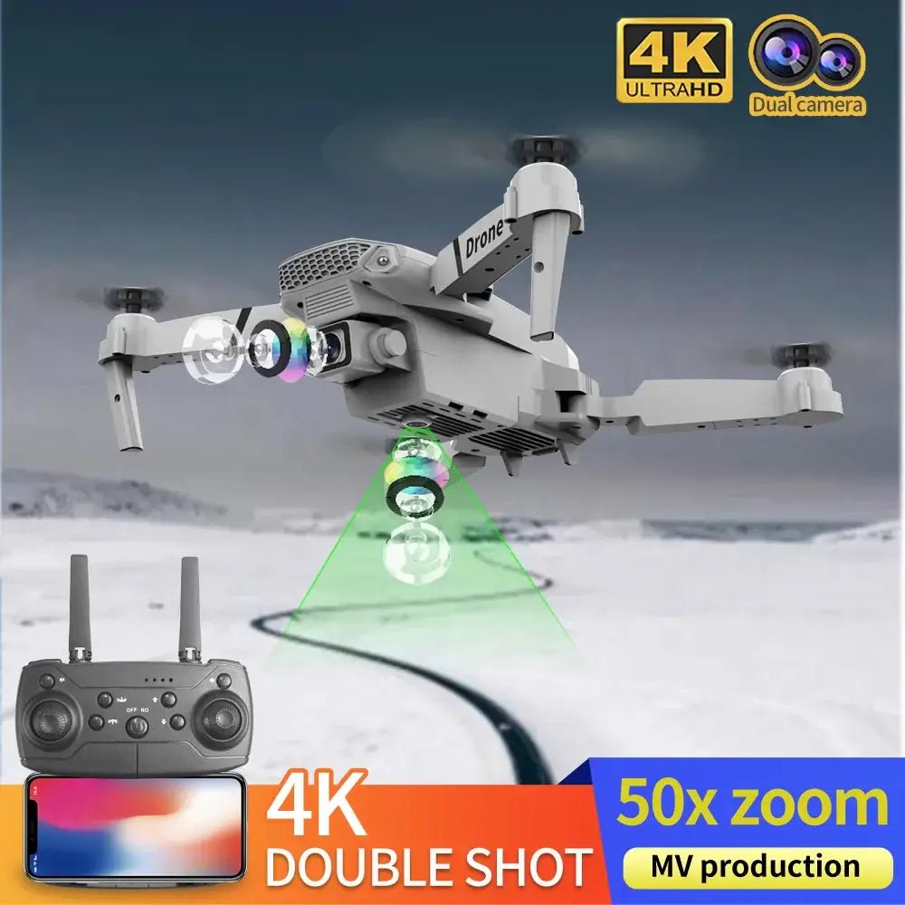 Professional mini drone with obstacle avoidance, featuring 4K dual camera, 50x zoom, and remote controller.