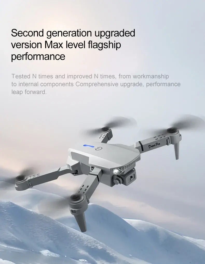New E88 RC Drone showcased in snowy environment, featuring high-performance upgrades and enhanced capabilities.