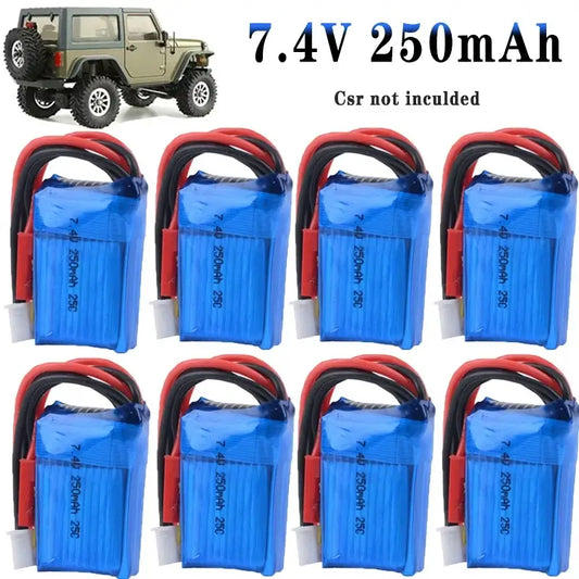 Lithium Batteries for RC Cars 7.4V 250mAh 25C 2S JST displayed with RC car in background, pack of eight batteries.