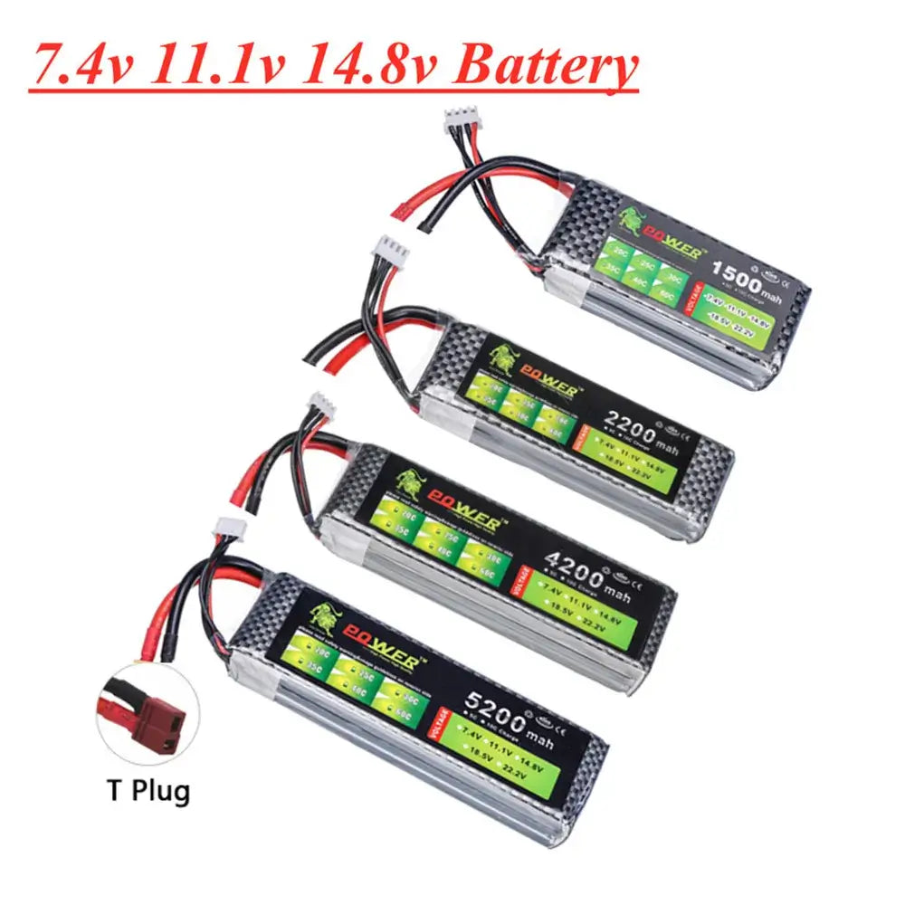 Lipo Battery 2S 3S 4S in various capacities including 1500mAh, 2200mAh, 4200mAh, and 5200mAh with T plug connector.