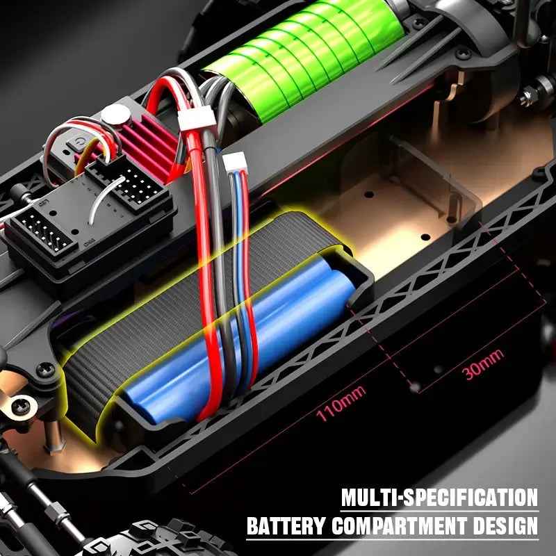 Close-up of the multi-specification battery compartment design for RC Car 90KMH High Speed Brushless Four-Wheel Drive.