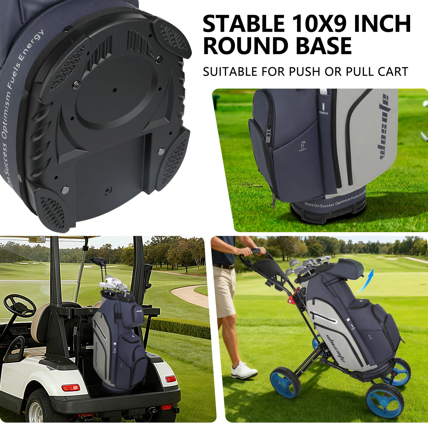 Lightweight Men Women Golf Bag with stable round base suitable for push or pull cart, shown on the golf course.