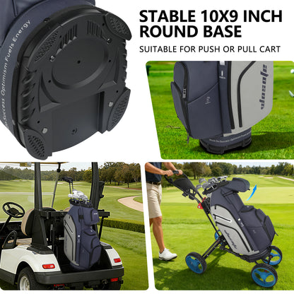Lightweight Men Women Golf Bag with stable round base suitable for push or pull cart, shown on the golf course.