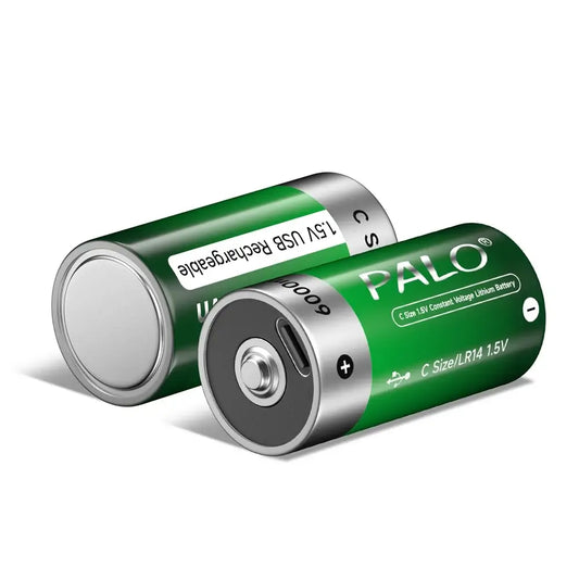 1.5V C Size Rechargeable Battery in green design showcasing USB charging capability.