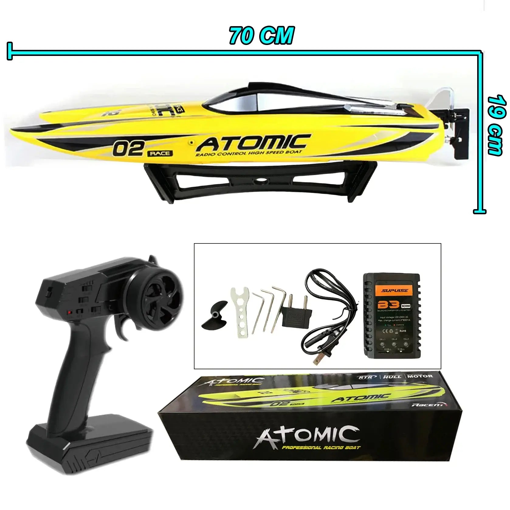 Large Remote Control Boat 27.6" RTR Atomic SR65B including remote control and accessories.