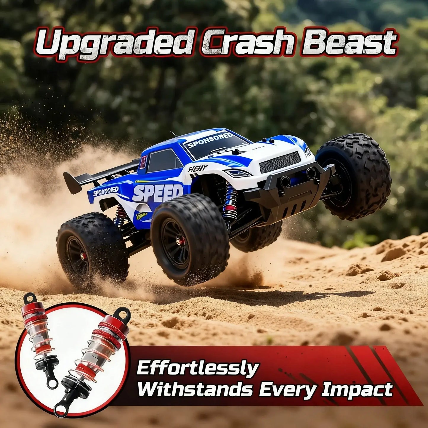 four wheel drive remote control truck soaring over sand with upgraded suspension for impact resistance