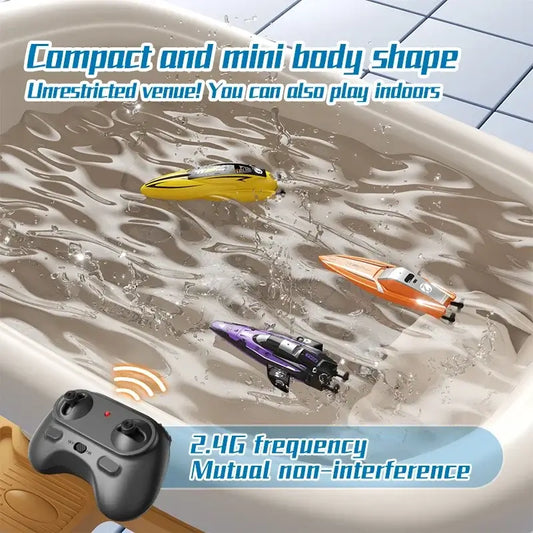 Mini Rc Boat in water showing compact design, remote control, and dual motor features for kids.