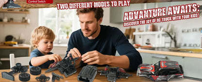Father and son assembling an RC Car for Kids together in a bright kitchen, enjoying a fun bonding activity.