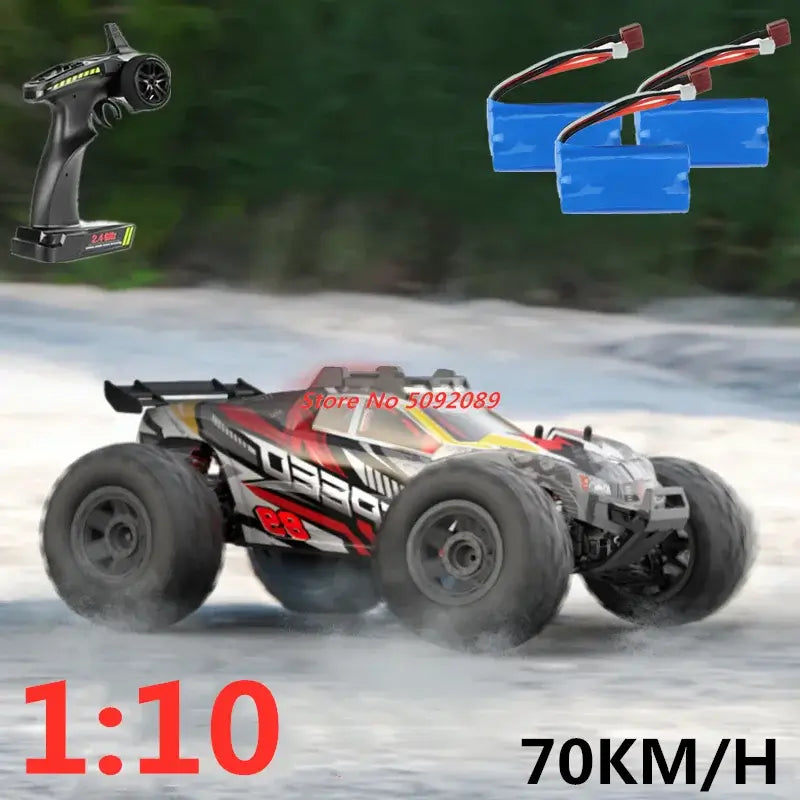 Remote Control Drift Racing Car 70KMH with controller and batteries in 1:10 scale, showcasing high-speed performance.