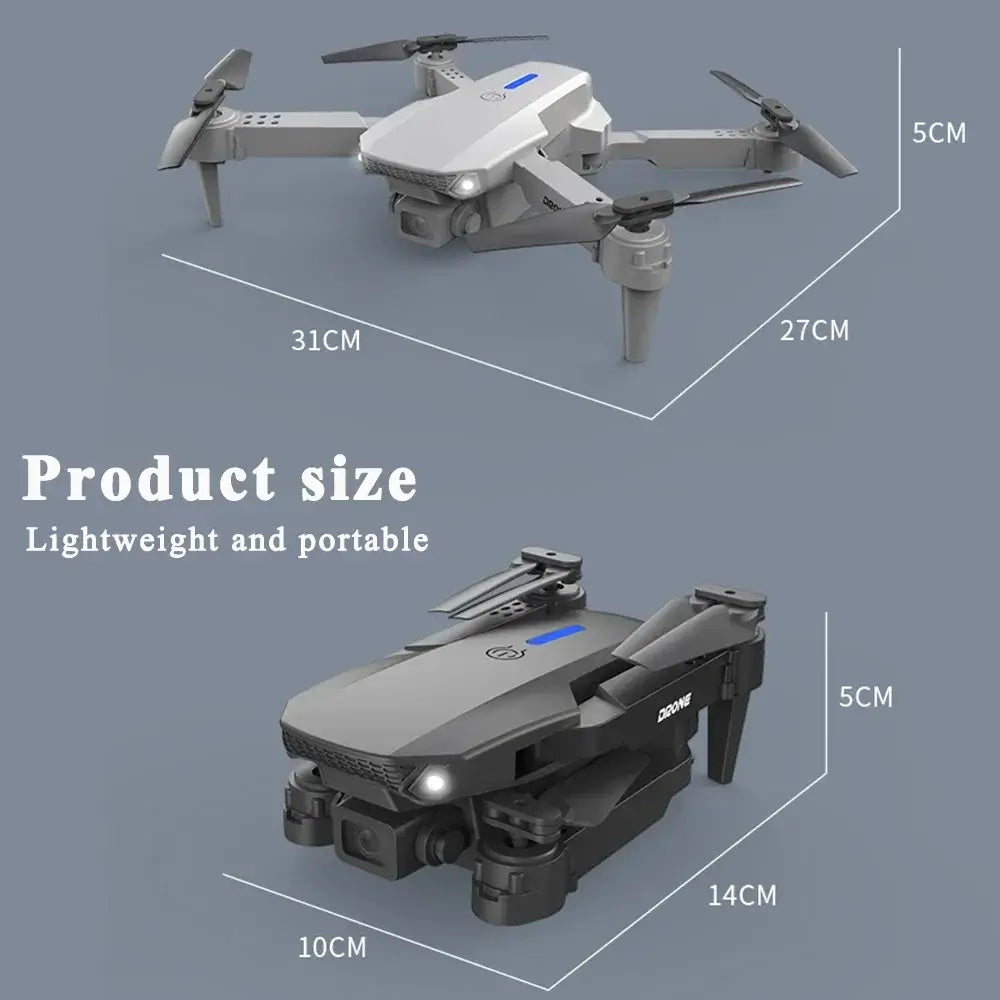 professional mini drone with obstacle avoidance shown in product size dimensions, lightweight and portable design