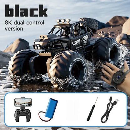 amphibious remote control car for kids in black with 8K dual control features on water and land.