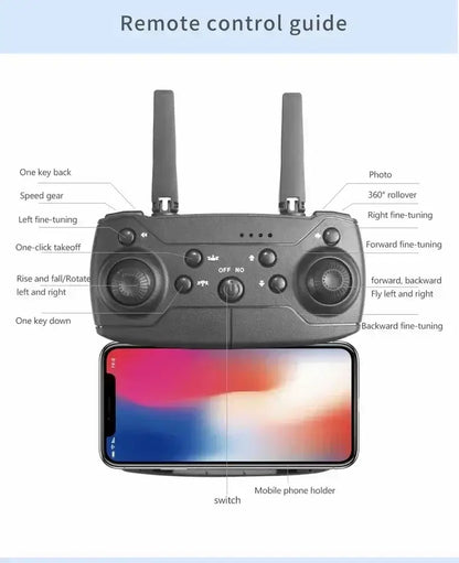 Remote control guide for 4K dual camera RC drone showing buttons and mobile phone holder.