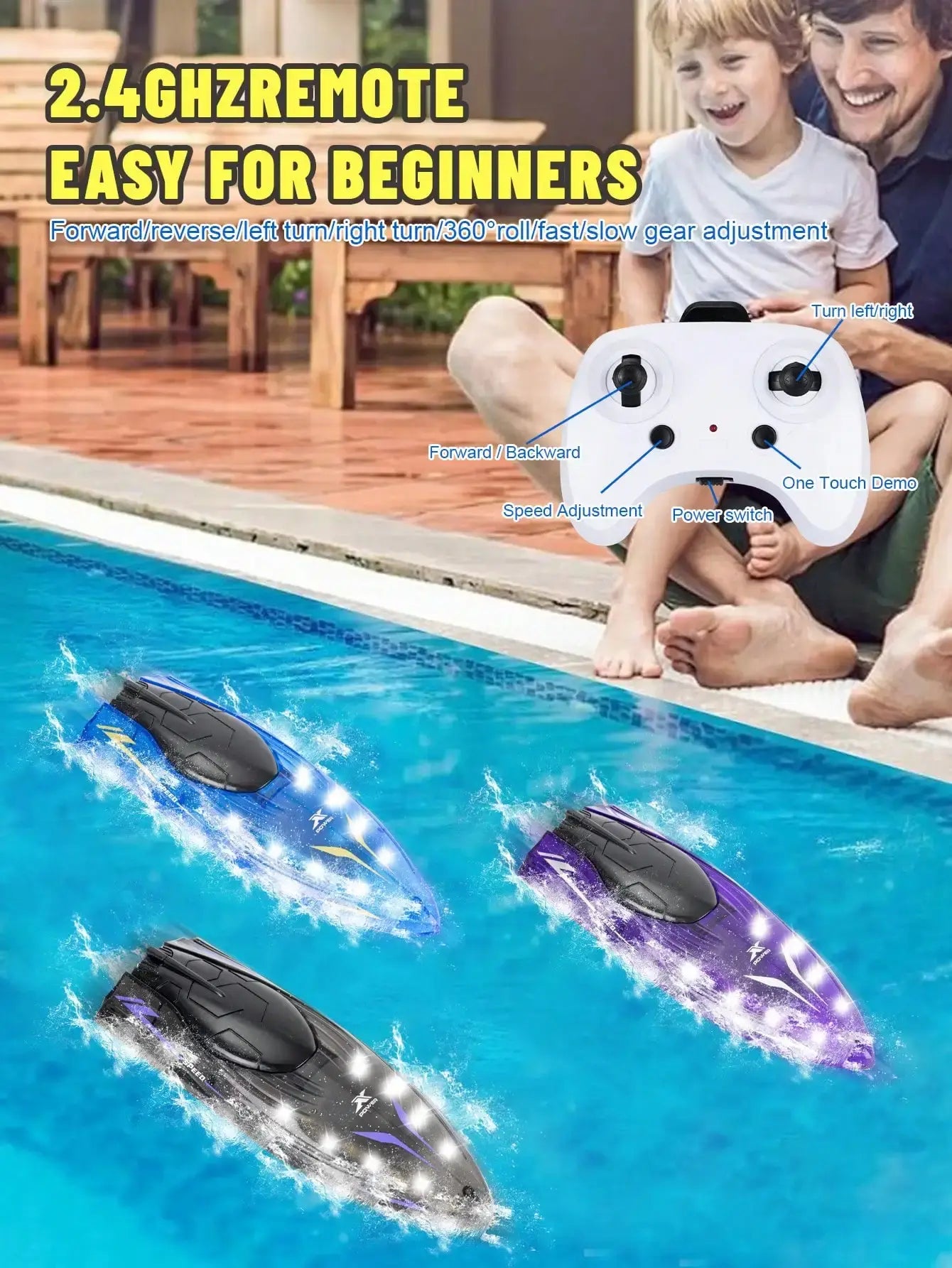 RC Racing Boat 2.4GHz LED Lights in action with remote control; perfect for beginners and fun in the water.