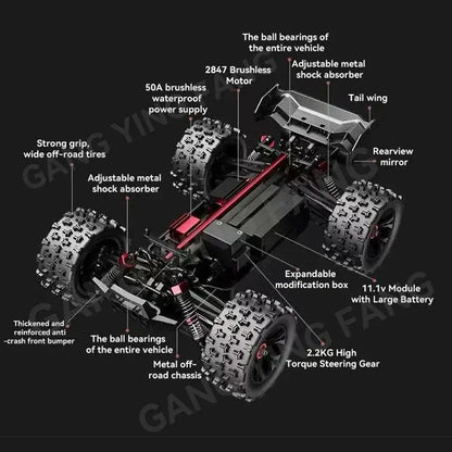 RC Car 80 Kilometers or 50 Kilometers Per Hour features including 2847 brushless motor, adjustable shock absorbers, and strong off-road tires.