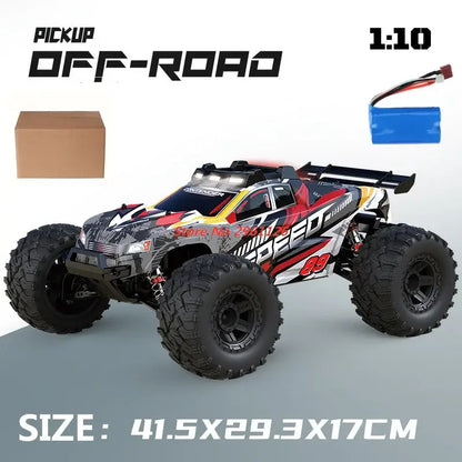  Remote Control Drift Racing Car 70KMH 1:10 high-speed off-road pickup with large tires and battery pack.