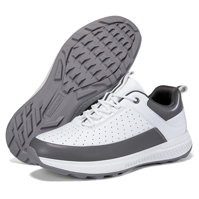 Unisex waterproof golf shoes in white and gray, designed for comfort and performance on the golf course.