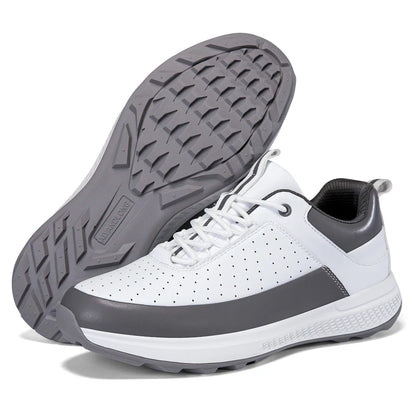 Unisex waterproof golf shoes in white and gray, designed for comfort and performance on the golf course.