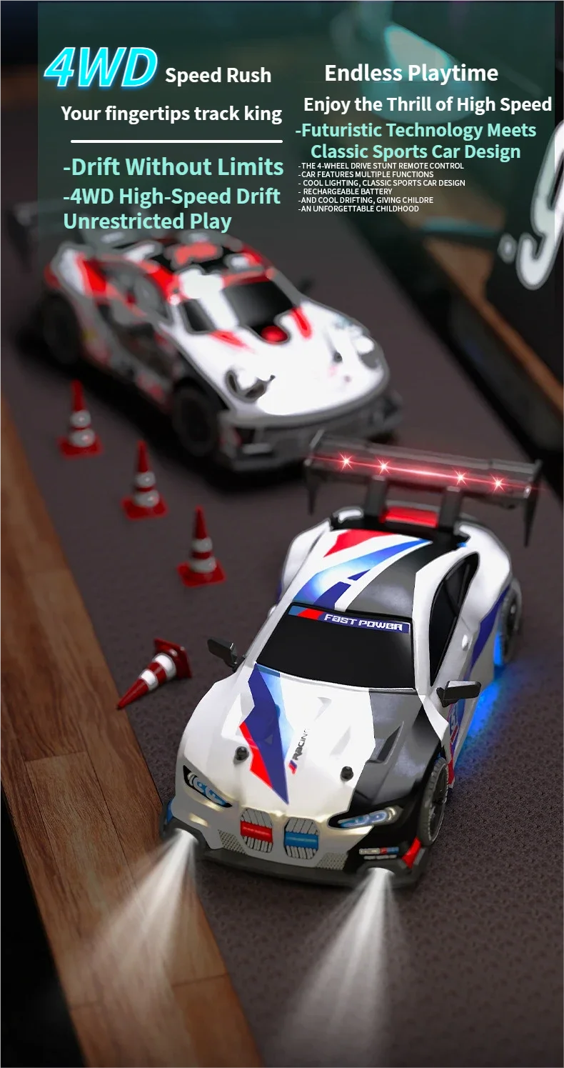 RC drift cars for kids showcasing 4WD high-speed drift features and classic sports car design.