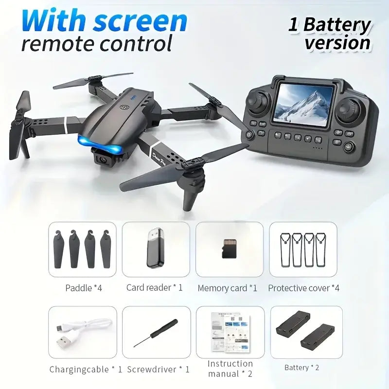 E88PRO MAX Foldable Drone with screen remote control and accessories including battery and instruction manual.