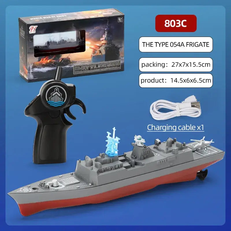 High-Speed Remote Control Ship grey simulation warship with controller and charging cable in box.