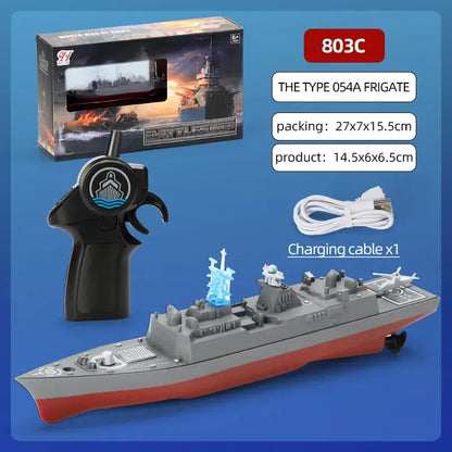 High-Speed Remote Control Ship grey simulation warship with controller and charging cable in box.
