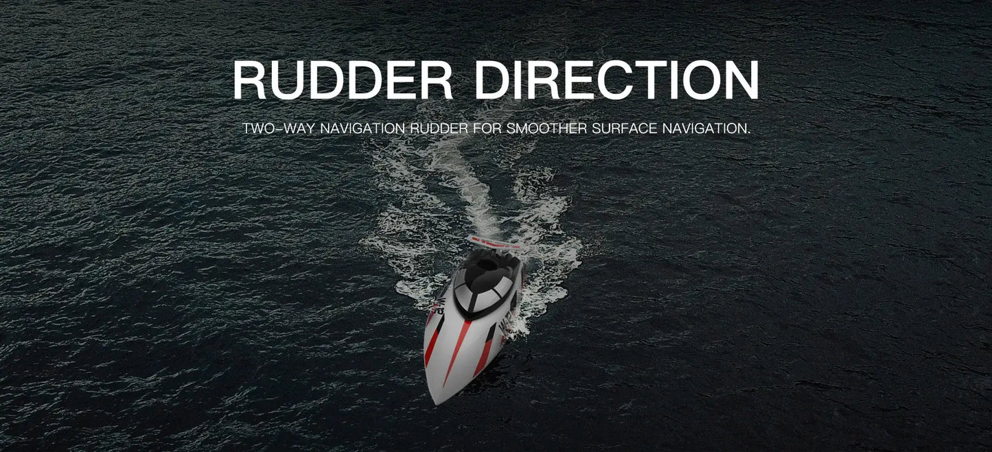 WLtoys 2.4G WL912-A RC Boat showing rudder direction for smoother navigation on water surface.