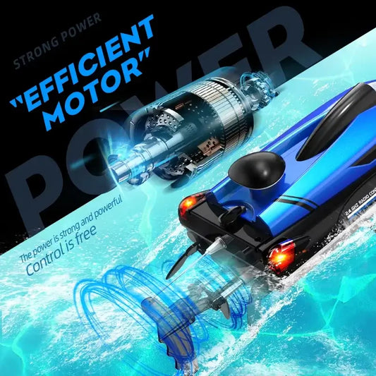 HJ808 RC Remote Control Boat showcasing its efficient motor and powerful design in action on water.