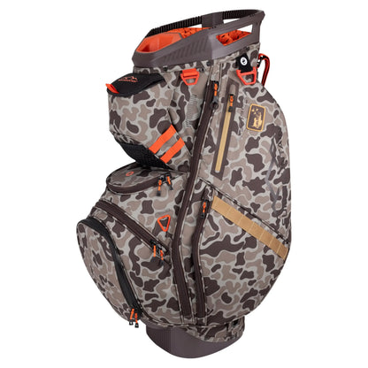 Men's C130 Lightweight Cart Golf Bag in camo design with multiple pockets and 14-way top for club organization.