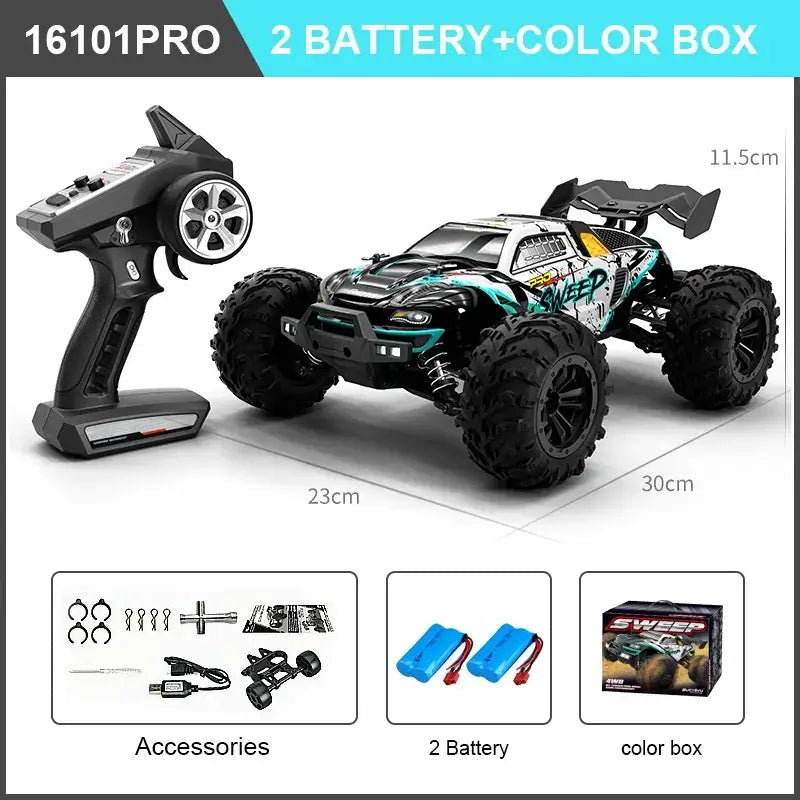 High Speed RC Car 4WD with remote control and accessories, includes two batteries and color box.