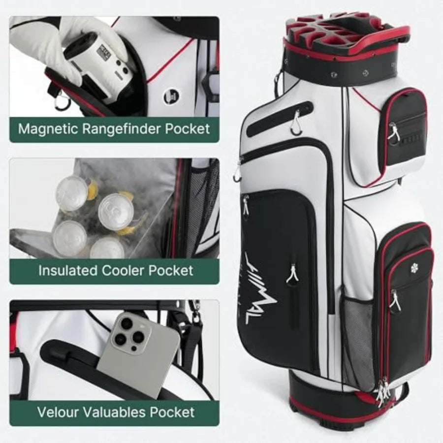 Golf Cart Bag with 14-Way Full-Length Dividers showcasing pockets for rangefinder, cooler, and valuables.