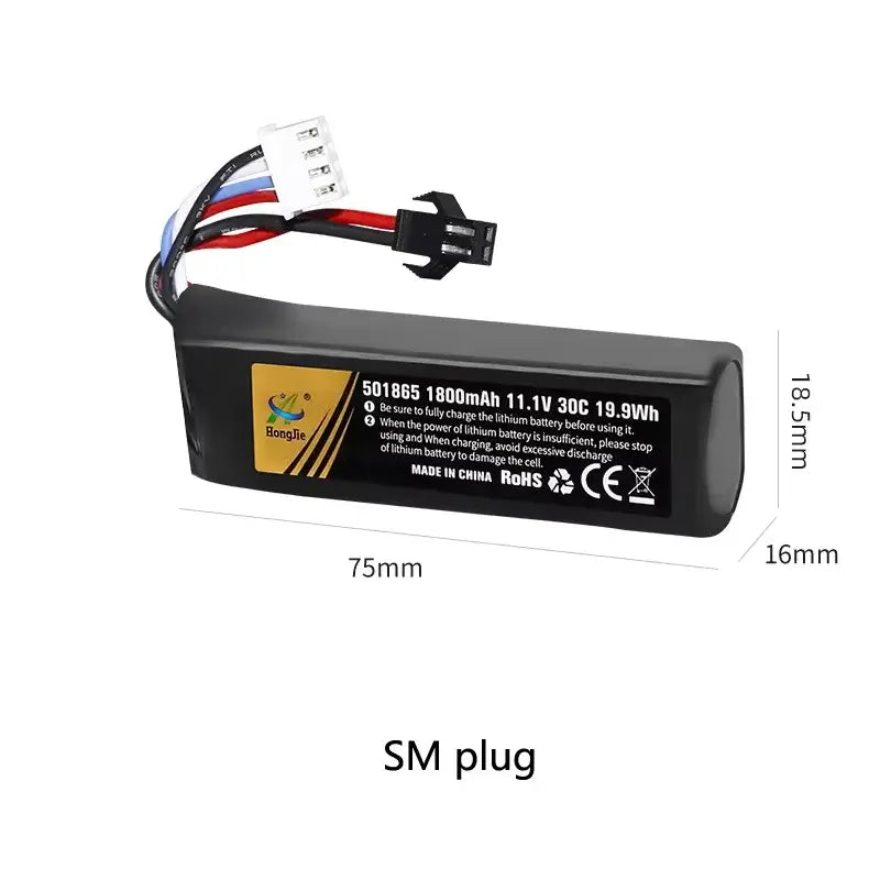 Lipo Battery for RC Car featuring 11.1V voltage, 30C discharge rate, and 1800mAh capacity for optimal performance.