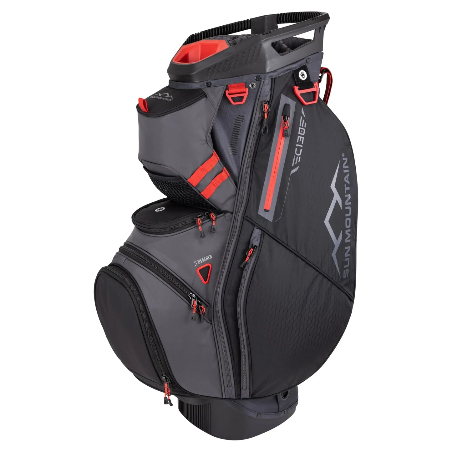 Men's C130 Lightweight Cart Golf Bag Sun Mountain in gray with red accents and 14-way top for club organization.