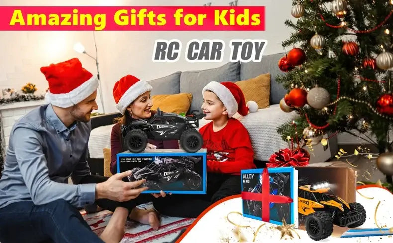 A family celebrating with the 116 RC Car Remote Control Car toy as a perfect holiday gift for kids near a Christmas tree.