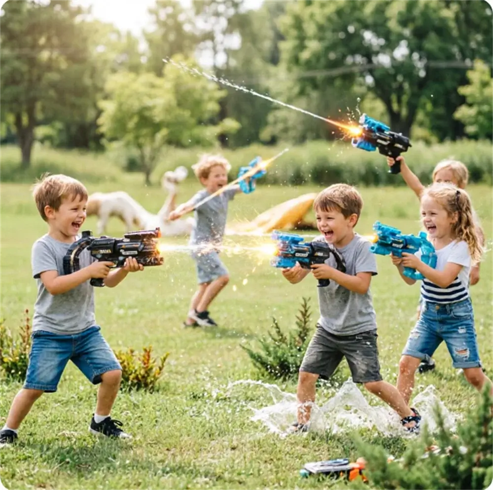 Kids enjoying summer fun with Electric Water Gun with LED Lights, splashing water outdoors.