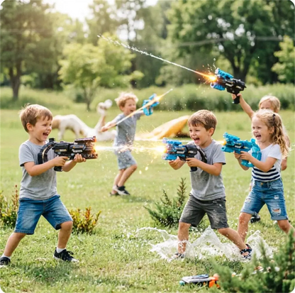 Kids enjoying summer fun with Electric Water Gun with LED Lights, splashing water outdoors.